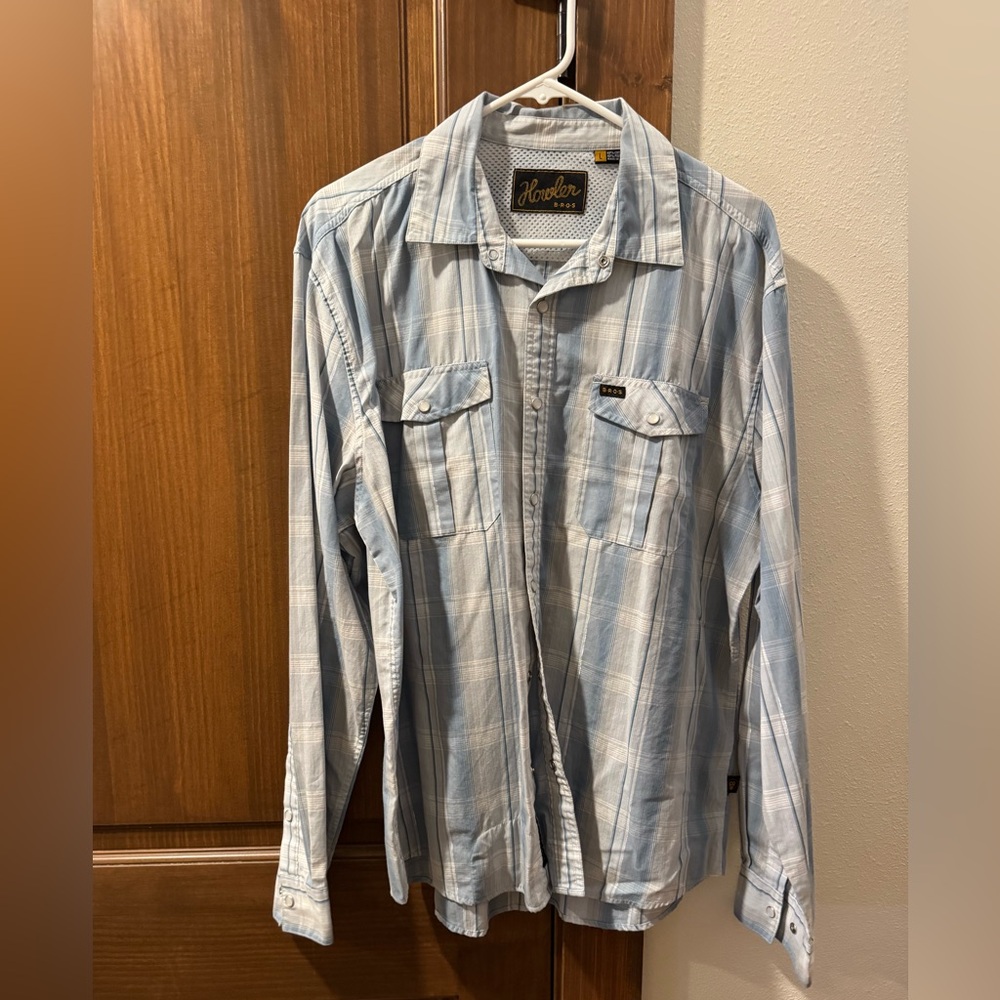 Howler Brothers Light Blue Plaid pearl snap long sleeve Shirt
